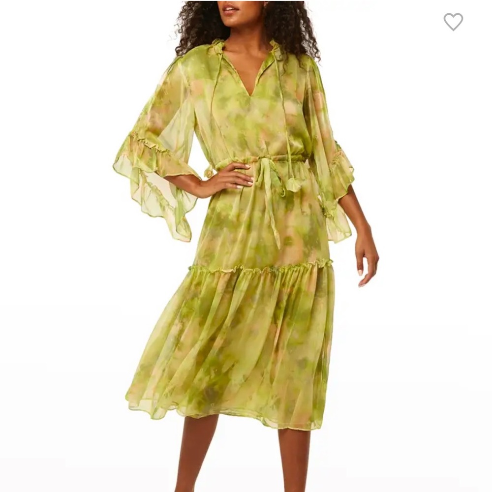 NWT! MISA Los Angeles Chartreuse Abstract Marcele Midi dress.